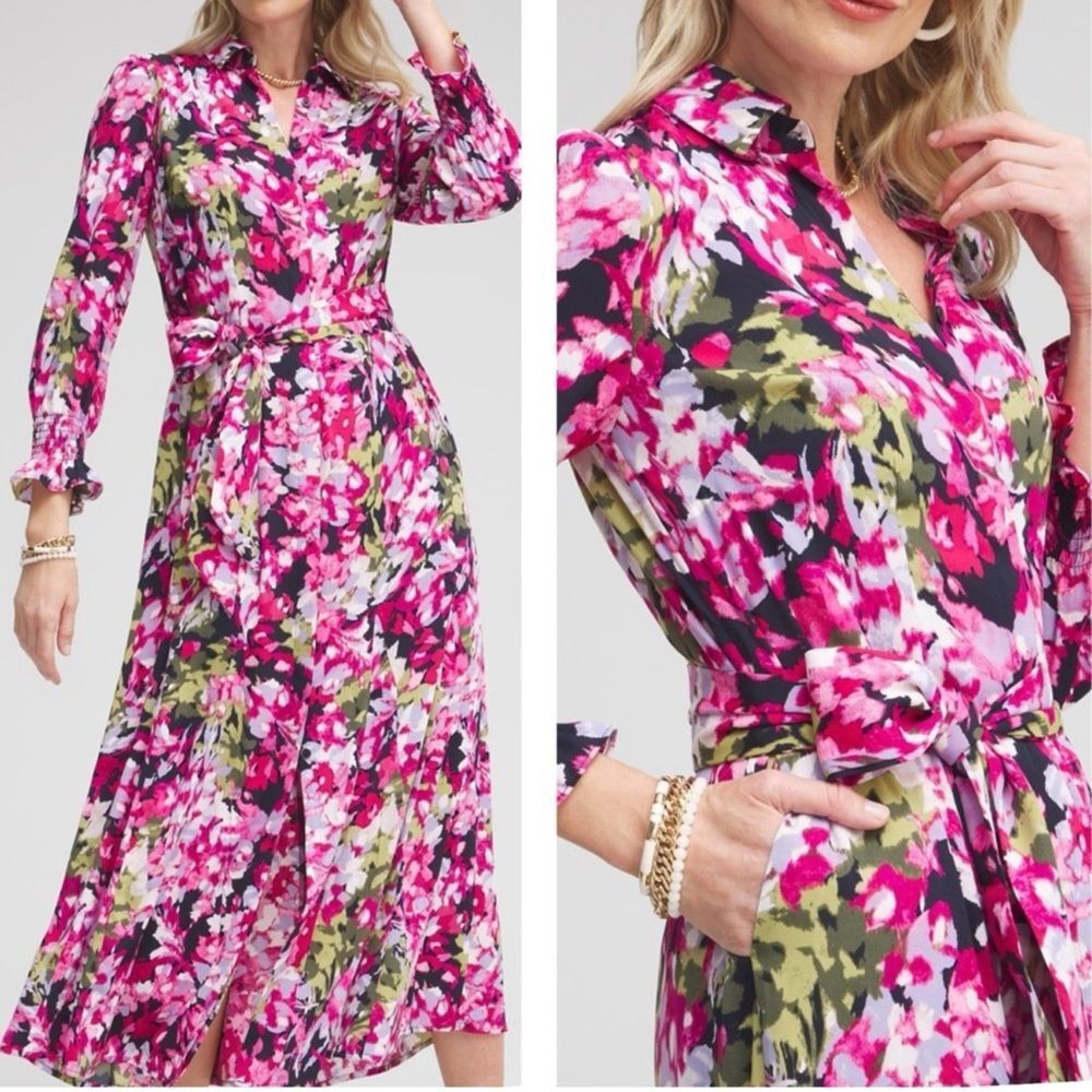 NWT Chico’s Pink Colorful Floral Maxi Hidden Button Down Belted Shirt Dress sz18